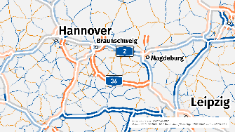 
Karte mit markierten Autobahnen, darunter die A36 zwischen Braunschweig und Magdeburg sowie die A2 bei Hannover.