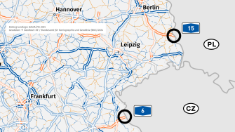 
Karte von Ostdeutschland mit markierten Autobahnabschnitten A15 an der polnischen Grenze und A6 an der tschechischen Grenze.