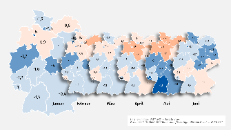 
Deutschlandkarten von Januar bis Juni mit farblichen Markierungen, die regionale Unterschiede darstellen.