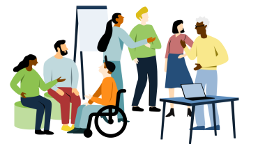 
Illustration mit Menschen, die in Gruppen sprechen, diskutieren und vor einem Laptop und Flipchart interagieren.