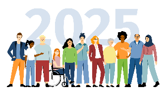 
Illustration einer vielfältigen Gruppe von Menschen vor der großen Jahreszahl 2026