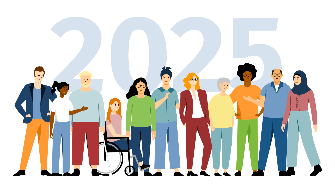 
Illustration einer vielfältigen Gruppe von Menschen vor der großen Jahreszahl 2026