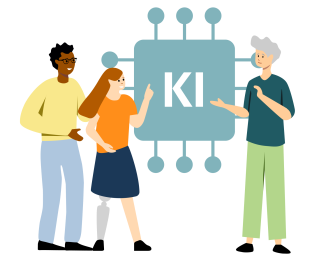 
Illustration von drei Menschen, die vor einem großen Symbol mit der Aufschrift „KI“ über künstliche Intelligenz sprechen