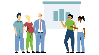 
Illustration einer vielfältigen Gruppe von Menschen vor einer Präsentationswand mit Balkendiagramm