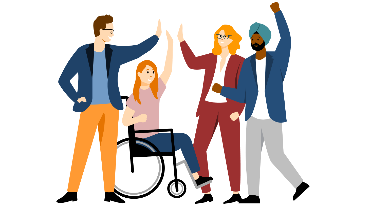 
Illustration von vier Menschen, die gemeinsam feiern und sich abklatschen; eine Person sitzt im Rollstuhl.