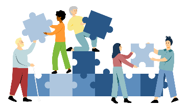 
Illustration von fünf Menschen, die gemeinsam große Puzzleteile zusammensetzen