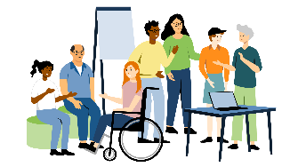 
Illustration einer vielfältigen Gruppe von Menschen in einem Workshop mit Flipchart und Laptop; eine Person sitzt im Rollstuhl.