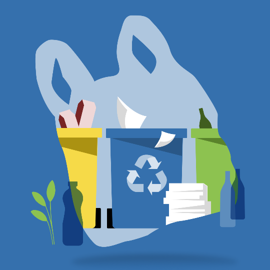 
Illustration verschiedener Abfallbehälter für Recycling, Restmüll, Papier und Glas