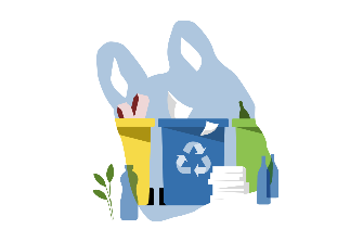 
Illustration verschiedener Abfallbehälter für Recycling, Restmüll, Papier und Glas
