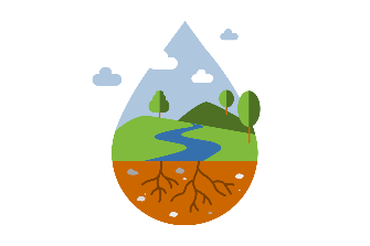 
Illustration eines Wassertropfens mit Fluss, grüner Landschaft und Baumwurzeln im Boden