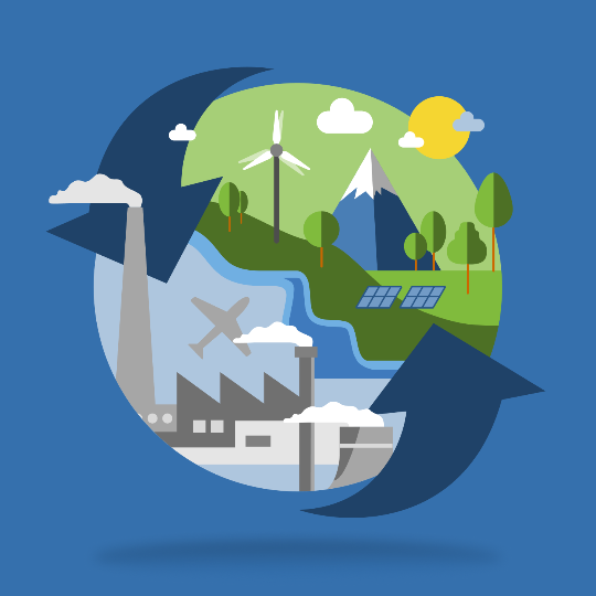 
Illustration einer nachhaltigen Kreislaufwirtschaft mit erneuerbaren Energien, Natur, Industrie und Recycling