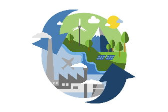 
Illustration einer nachhaltigen Kreislaufwirtschaft mit erneuerbaren Energien, Natur, Industrie und Recycling