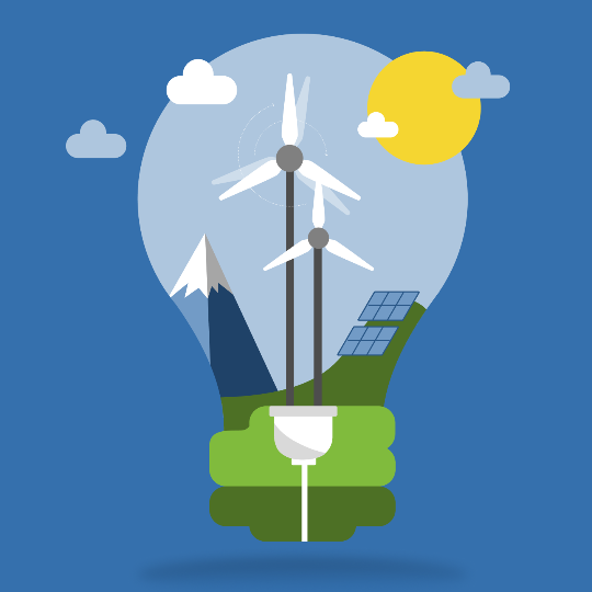 
Illustration einer Glühbirne mit Windrädern, Solarpanel, Sonne und Bergen