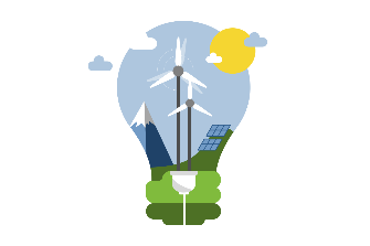 
Illustration einer Glühbirne mit Windrädern, Solarpanel, Sonne und Bergen