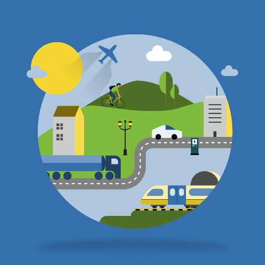 
Illustration vernetzter Mobilität mit Zug, Straße, Autos, Fahrrad, Flugzeug und öffentlichen Verkehrsmitteln in einer grünen Landschaft