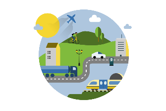 
Illustration vernetzter Mobilität mit Zug, Straße, Autos, Fahrrad, Flugzeug und öffentlichen Verkehrsmitteln in einer grünen Landschaft
