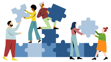 
Illustration mit Menschen, die gemeinsam große Puzzleteile zusammensetzen.