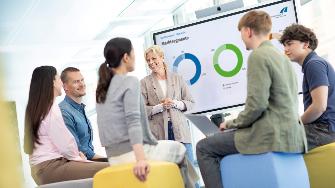 
Mehrere Personen sitzen auf Hockern in einem Büro und schauen auf einen großen Bildschirm, während eine Frau präsentiert.