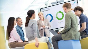 
Mehrere Personen sitzen auf Hockern in einem Büro und schauen auf einen großen Bildschirm, während eine Frau präsentiert.