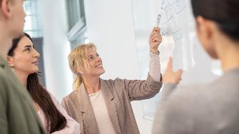 
Person präsentiert ein Diagramm auf einem Whiteboard vor einem Team