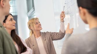 
Person präsentiert ein Diagramm auf einem Whiteboard vor einem Team