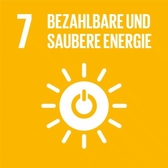 
Gelbes Quadrat mit einer stilisierten Sonne und dem Text „7 Bezahlbare und saubere Energie“