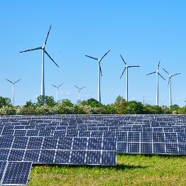 
Solaranlagen auf einer Wiese mit Windrädern im Hintergrund