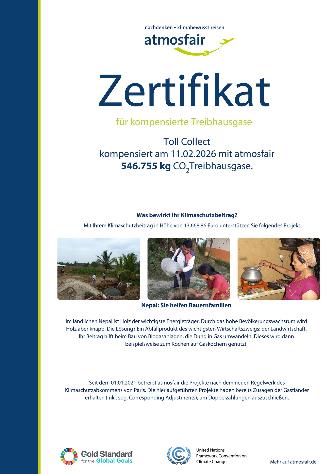 
Zertifikat von atmosfair über die Kompensation von 546.755 Kilogramm CO₂-Treibhausgasen durch ein Klimaschutzprojekt in Nepal